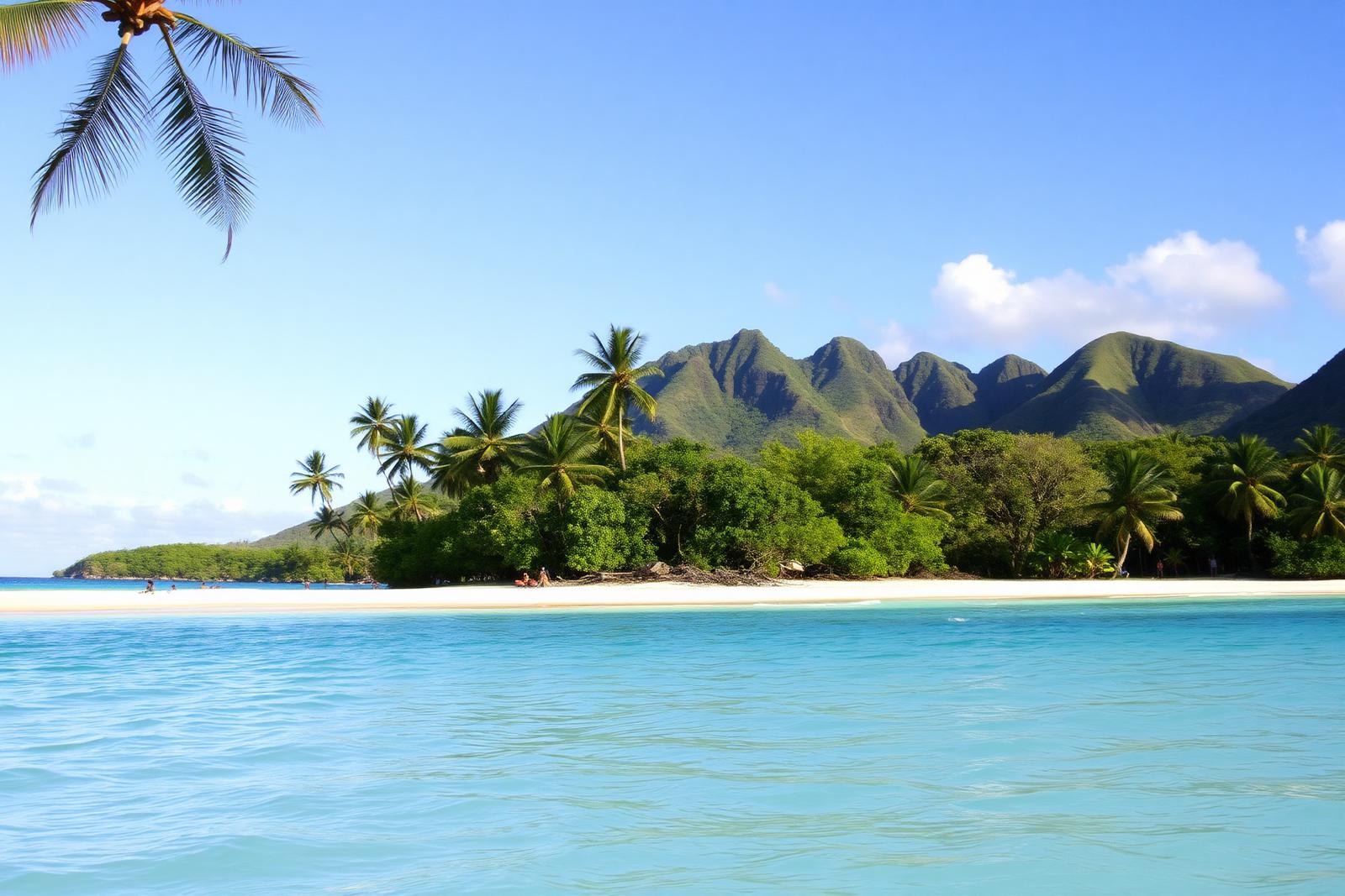 Wild Bel Ombre coastline in south Mauritius with palm trees, turquoise lagoon and green mountain backdrop