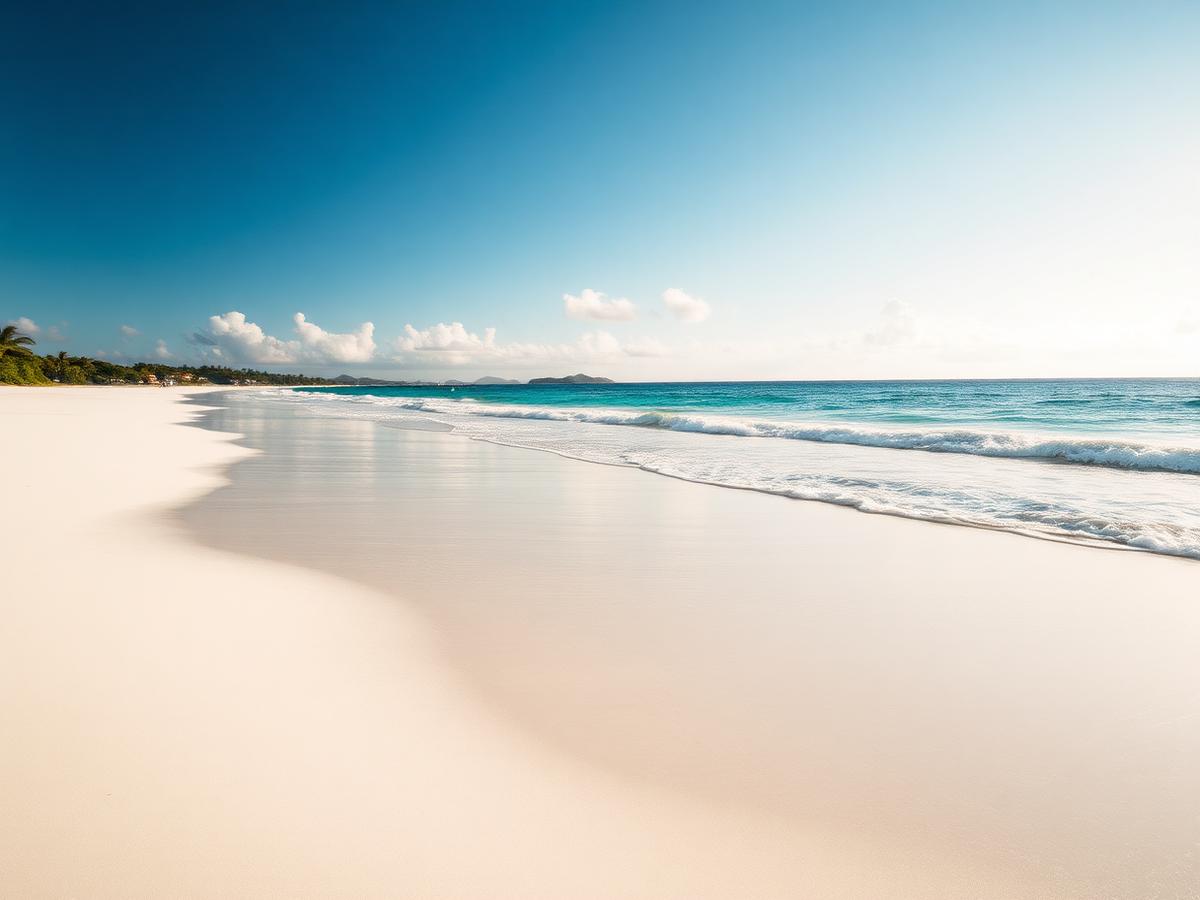 The long empty white sand shoreline of Belle Mare beach on the east coast of Mauritius