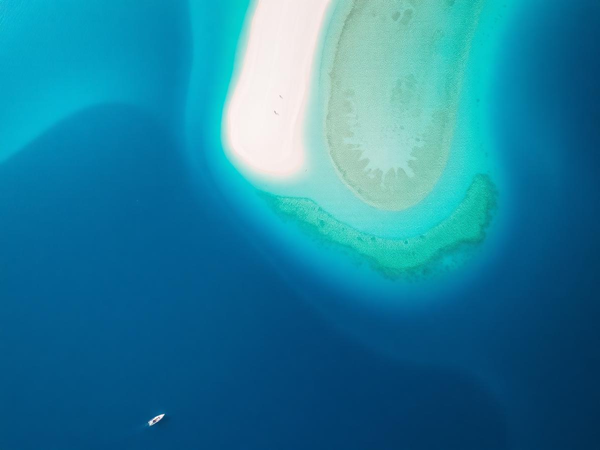 Aerial view of Blue Bay marine park in Mauritius with a bright turquoise sandbar meeting deep blue ocean