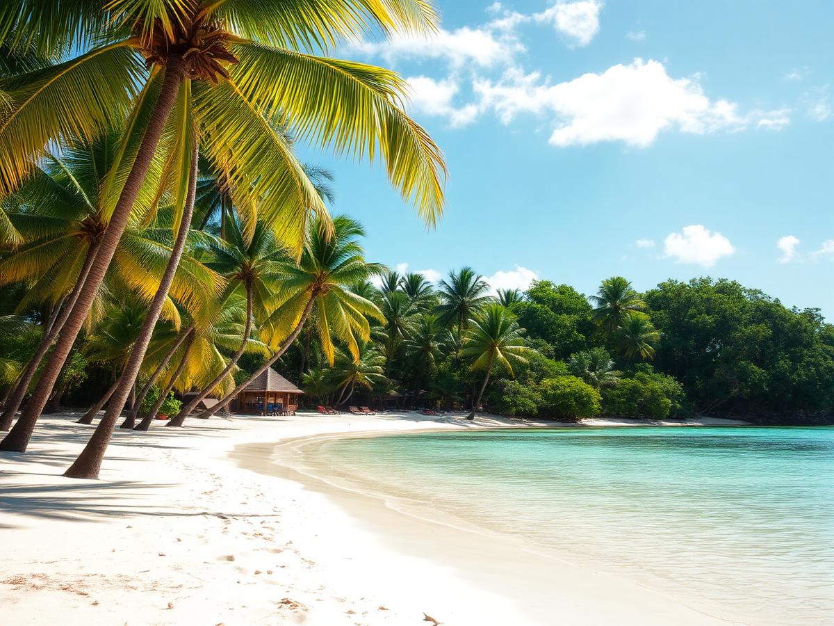 Palm trees leaning over the white sand and calm turquoise water of Flic en Flac beach in Mauritius
