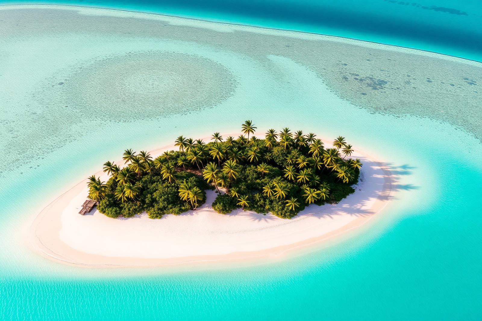 Aerial view of Île aux Cerfs, a small palm-fringed islet in an electric turquoise lagoon off the east coast of Mauritius