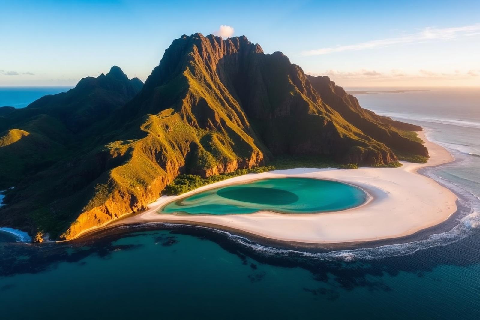 Aerial view of Le Morne Brabant mountain rising above a curving white-sand beach and turquoise lagoon in Mauritius at golden hour
