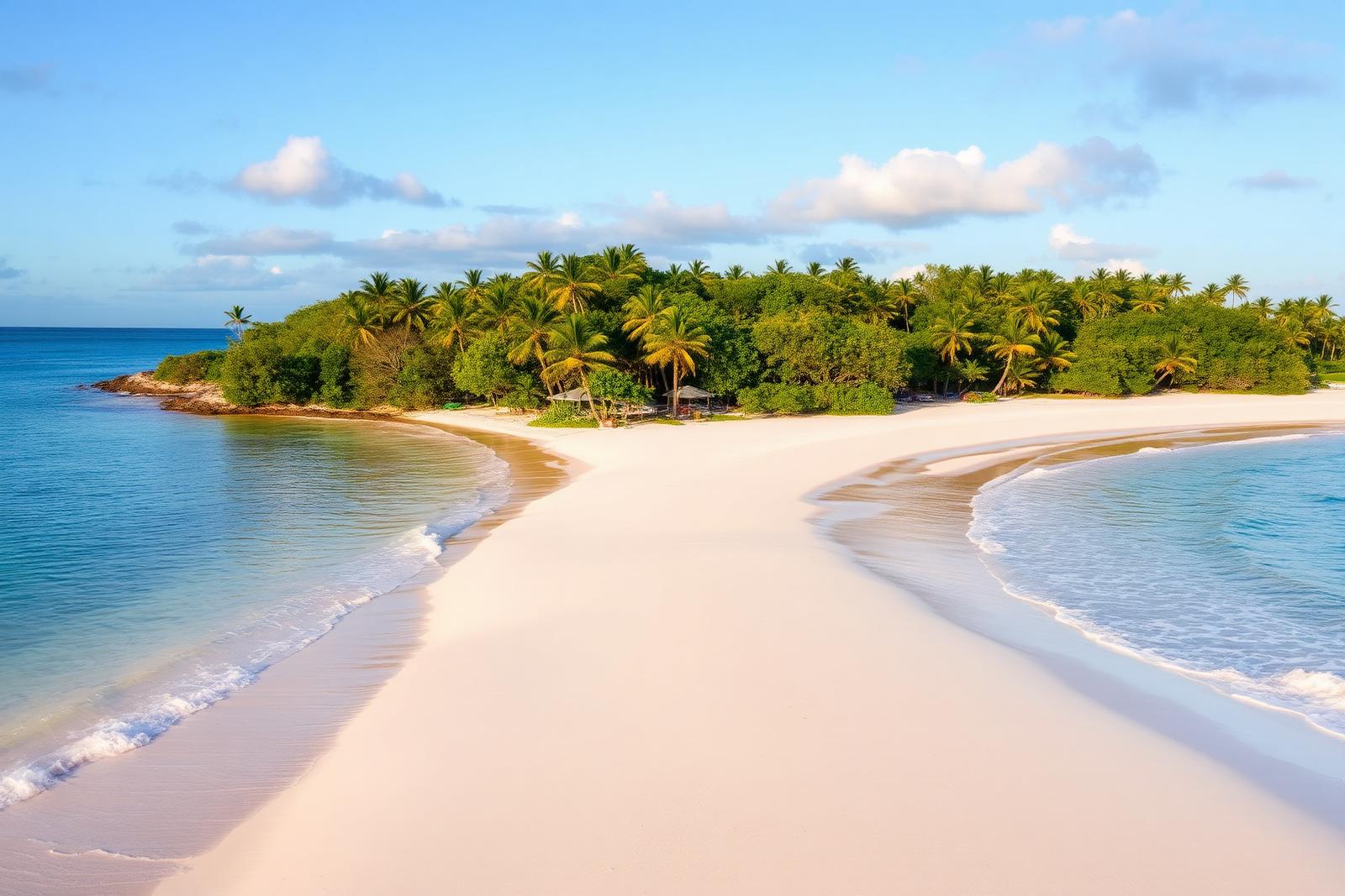 The long crescent of Mont Choisy beach in northern Mauritius with casuarina trees and calm turquoise water