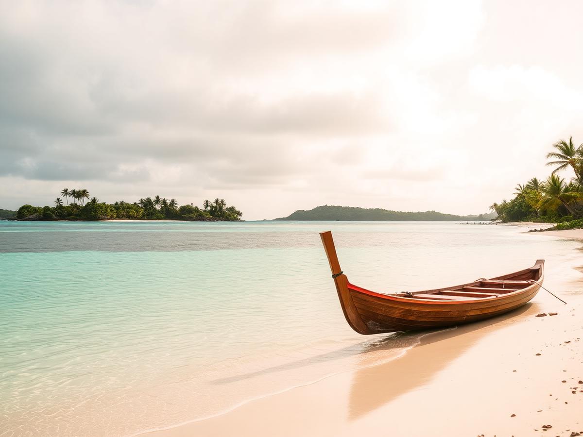 A wooden pirogue on white sand at Trou aux Biches beach with a calm turquoise lagoon in Mauritius