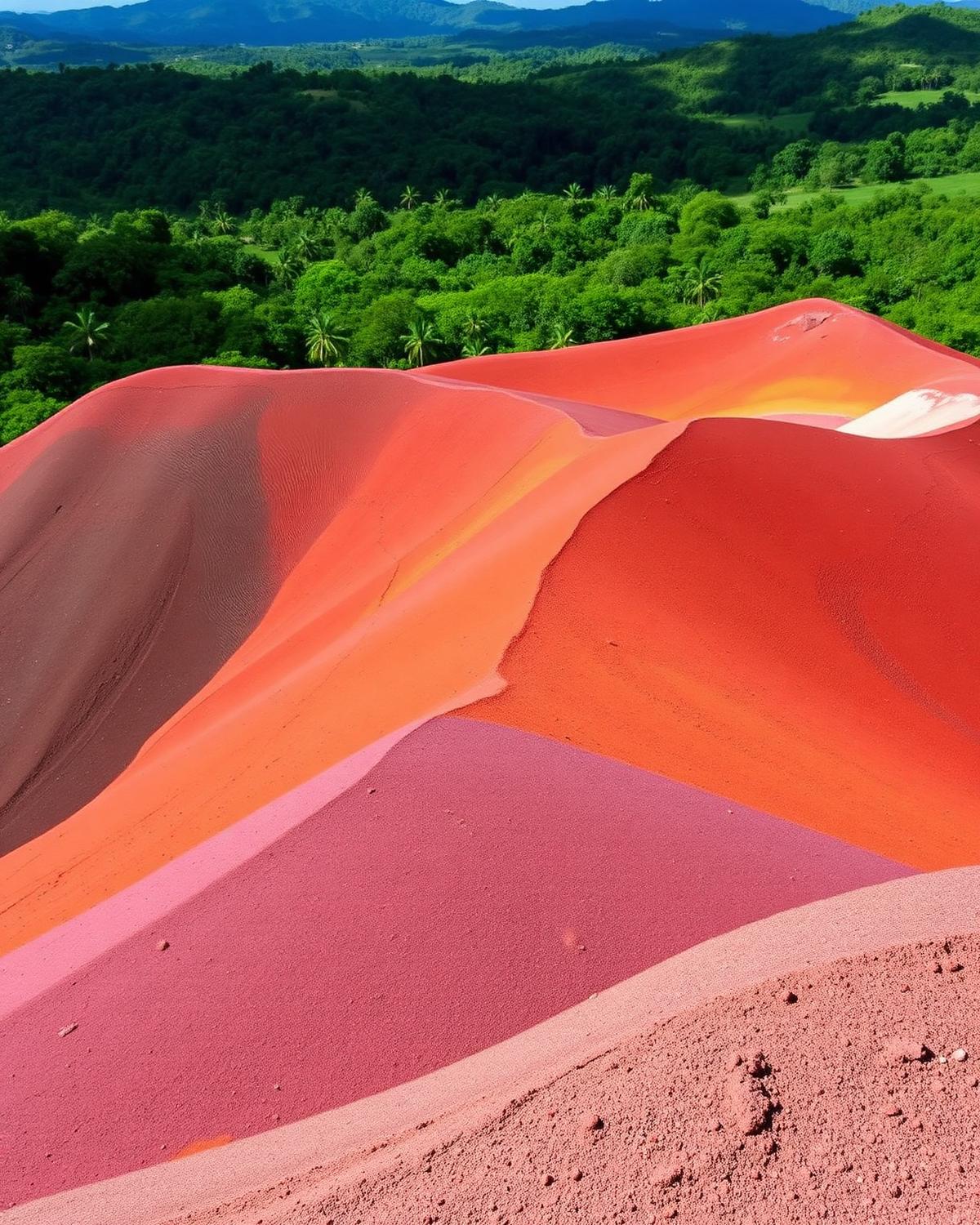 Undulating dunes of red, ochre and purple earth at Chamarel Seven Coloured Earths in Mauritius