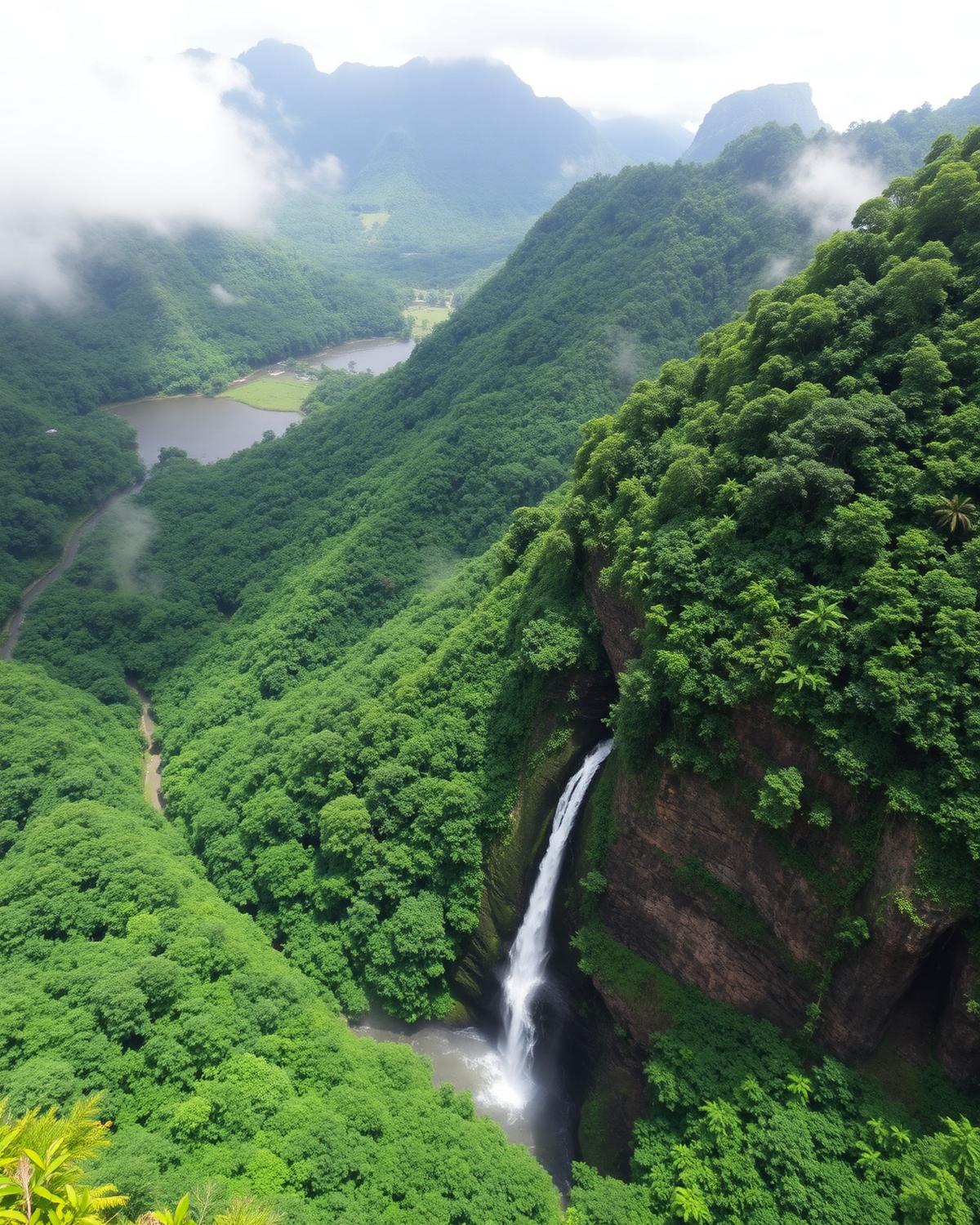 A misty rainforest valley with a waterfall inside Black River Gorges National Park in Mauritius