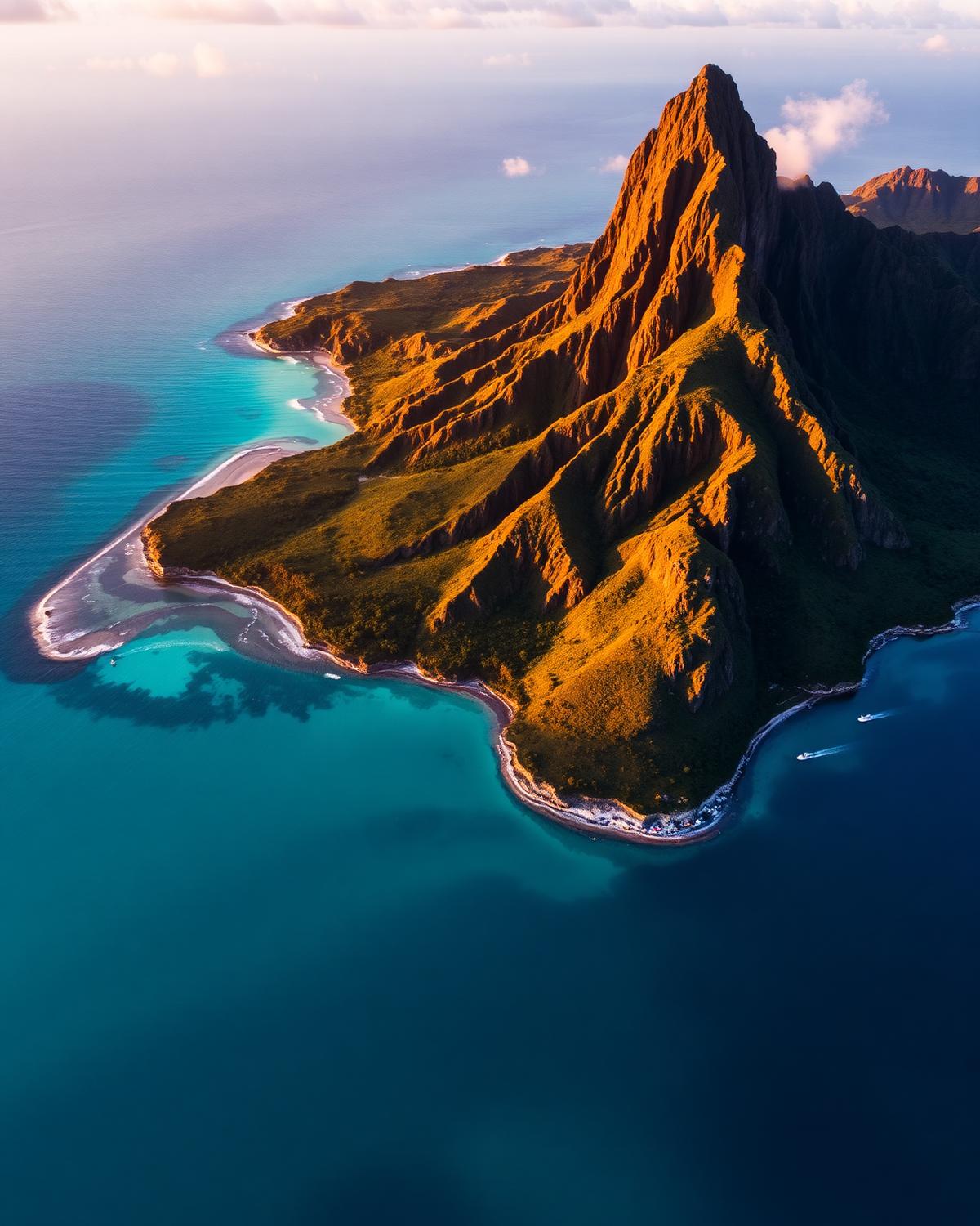 Aerial view of Le Morne Brabant mountain rising from a turquoise lagoon in south-west Mauritius at golden hour