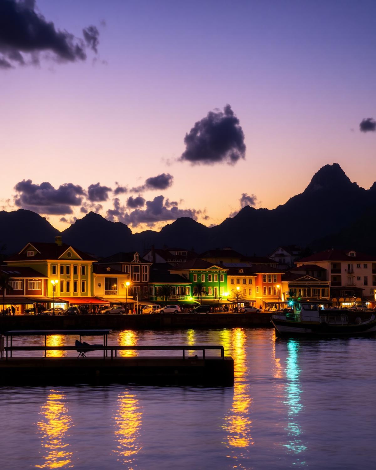 Colourful historic buildings along the Port Louis waterfront in Mauritius at dusk with mountains behind